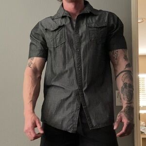 Tillys vintage grey button up dress shirt punk short sleeve graphic collared tee